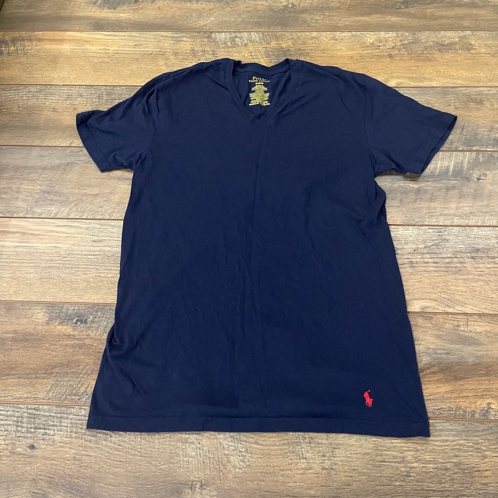 Polo Ralph Lauren Mens Classic Fit V-Neck T-Shirt Navy Blue Red Pony Size Medium